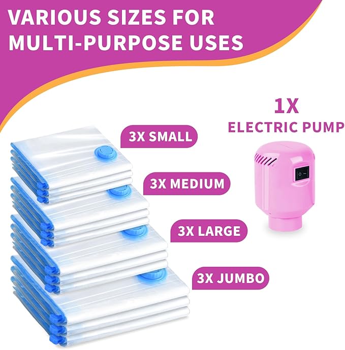 Vacuum Storage Bags with Electric Pump, 12 Pack (3 Jumbo, 3 Large, 3 Medium, 3 Small) Vacuum Seal Bags for Clothes, Bedding, Mattress, Blankets, Travel-NeatNest