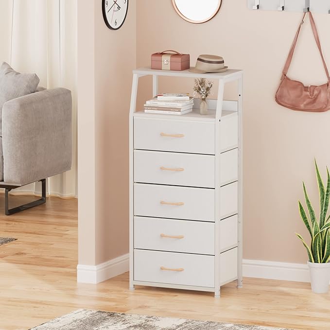Furnulem White Dresser with 5 Drawers, Vertical Storage Tower Fabric Dresser for Bedroom, Hallway, Entryway, Nursery, Closet Organizer, Nightstand Bedside Table Furniture, Sturdy Steel Frame, Wood Top-NeatNest