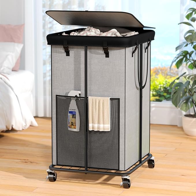 150l Laundry Hamper with Lid, Rolling Laundry Basket with Wheels, Large & Tall Dirty Clothes Hamper with Metal Frame and Removable Bag for Bedroom Aesthetic, Laundry Room, Bathroom, Dorm-Grey