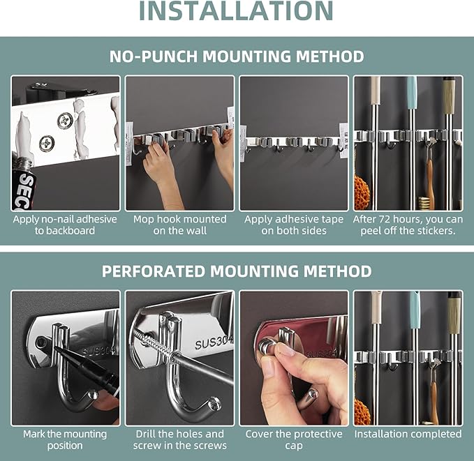 Broom and Mop Holder Wall Mount Organizer Stainless Steel Heavy Duty Hooks Self Adhesive Solid Non-slip for Home Kitchen Garden Laundry Garage(4 Racks with 5 Hooks, Silver)-NeatNest