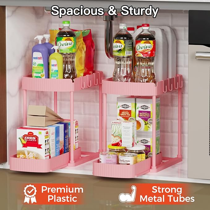 2 Pack Multi-Purpose Pull-Out Storage Organizers, Under Sink & Cabinet Organizers, 12.8 Inch Pink-NeatNest