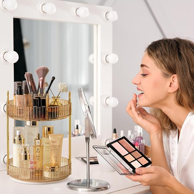Rotating Makeup Organizer for Vanity, High-Capacity Skincare Clear Make Up Storage Perfume Organizers Cosmetic Dresser Organizer Countertop 360 Spinning (Gold, New-2 Tier)-NeatNest