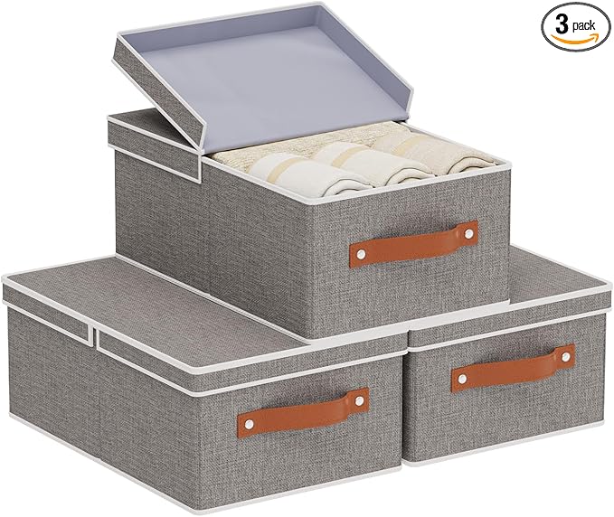3-Pack Storage Boxes, Foldable Blanket Basket with Detachable Lid, Linen Closet 0rganizers with Double Handles, Collapsible Cubes for Organizing, Grey, 13 x 9.1 x 5.5 inch-NeatNest