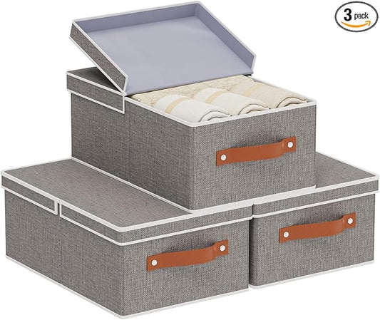 3-Pack Storage Boxes, Foldable Blanket Basket with Detachable Lid, Linen Closet 0rganizers with Double Handles, Collapsible Cubes for Organizing, Grey, 13 x 9.1 x 5.5 inch-NeatNest