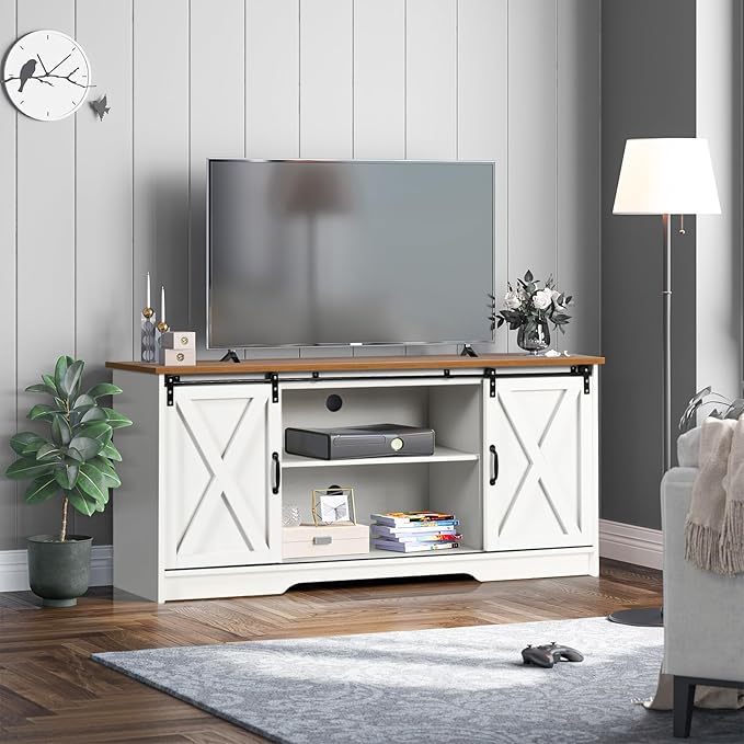 4 EVER WINNER White TV Stand for 65 inch TV for Living Room, Modern Farmhouse Barn Door TV Stand with Storage Cabinets and Adjustable Shelves for Bedroom, Media Entertainment Center TV Console Table-NeatNest