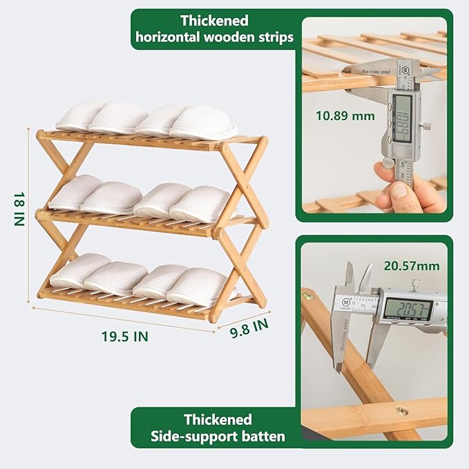 3 Tier Bamboo Shoe Rack,Portable Folding Shoe Storage Rack,Without Installation Small Shoe Rack Perfect for Corridors, Bedrooms and Small Spaces (3 Tier)-NeatNest