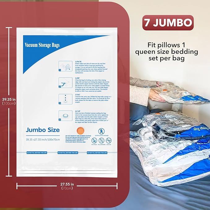 Vacuum Storage Bags 7 Jumbo, Space Saver Sealer Bags,Plastic Packaging Bags,Compression Bags for Clothes, Pillows, Comforters, Blankets, Bedding,No pump included-NeatNest