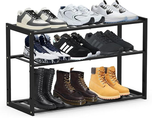 Bamboo Shoe Rack for Entryway, Stackable 3 Tier Shoe Organizer Shelf Storage 9-12 Pairs Shoes Stand Cubby for Closet Door Hallway Bedroom Garage Black, Thanksgiving-NeatNest