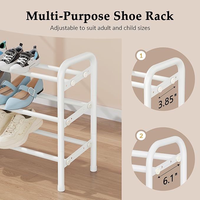Shoe Rack for Closet, 3 Tier Shoe Organizer, 28“ Metal Shelf Can Expandable to 42“, for Closet, Entryway, Bedroom, Garage, Adjustable to 18 Pairs Shoes, White-NeatNest