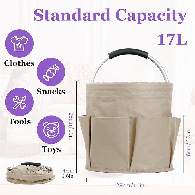 17L Cleaning Supply Caddy with Soft Handle, Portable Shower Caddy in 600D Oxford Fabric, Garden Tool Organizer Bag, Multifunctional Storage Basket for Bathroom, Garden, Khaki-NeatNest