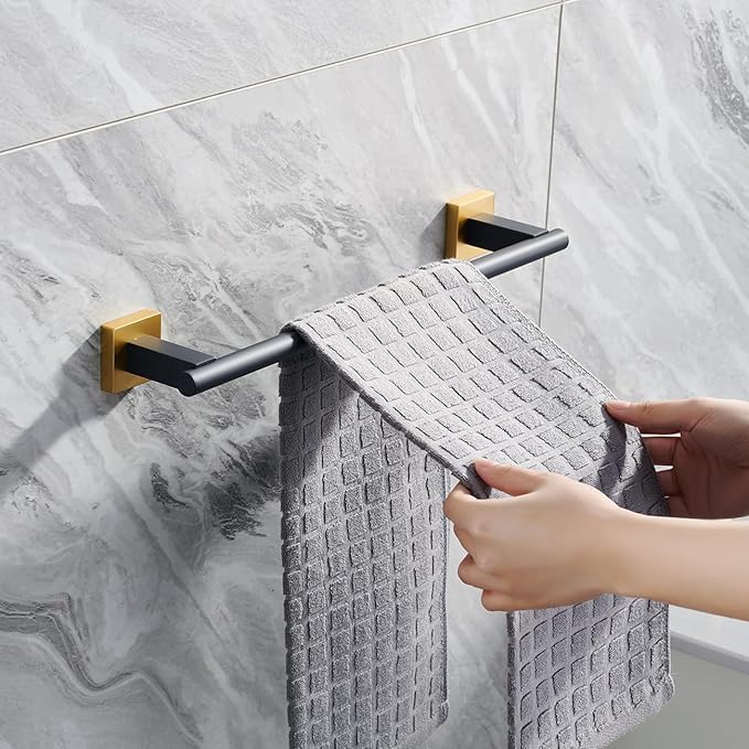 Miyili Bath Towel Bar 15.75-Inch Stainless Steel Towel Rack Hanger for Bathroom Kitchen Wall Mount Black & Gold, A02BG40A