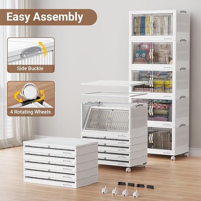 320Qt Stackable Storage Bins with Lid, Extra Large Closet Organizer Collapsible Drawer Boxes with Wheels, Folding Plastic Cabinet Containers for Home Kitchen Room Organization, 4Pack White