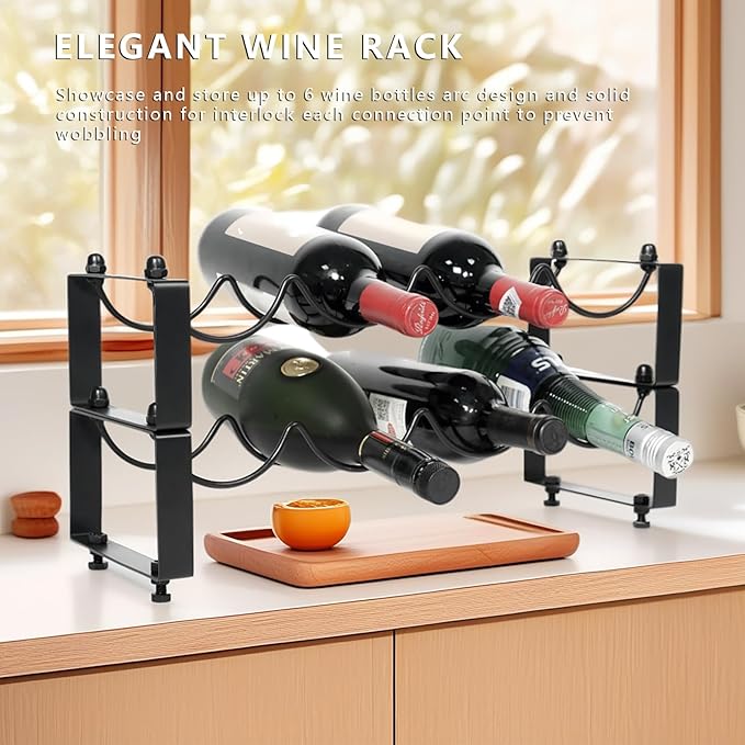 2 Tiered 8-Bottle Metal Wine Rack - Sturdy Wave Design with Reinforced Base | Stackable, Space-Saving Bar, Countertop, or Cabinet Storage (2)