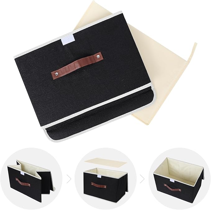 ANMINY 4PCS Storage Bins with Lid PU Leather Handles Storage Boxes PP Plastic Board Decorative Foldable Lidded Cotton Linen Fabric Home Cubes Baskets Closet Organizer Containers - Black, Large Size-NeatNest