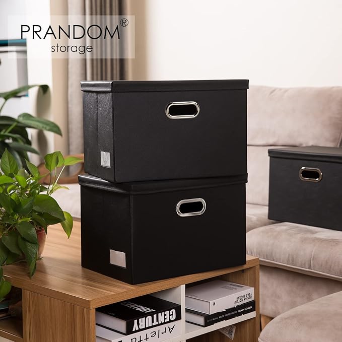 PRANDOM Foldable Storage Bins with Lids [5-Pack] Leather Fabric Collapsible Storage Boxes Organizer Containers Baskets Cube with Cover for Bedroom Closet Office Nursery Black (14.9x10.8x10)-NeatNest