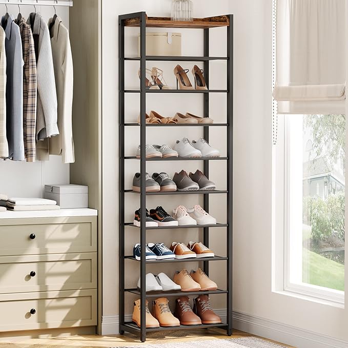 HOOBRO 10-Tier Shoe Rack, 20.5" L Shoe Storage Organizer, Narrow Shoe Shelf, Saving Space, Stable and Sturdy, Hold 18-20 Pairs of Shoes, for Entryway, Hallway, Living Room, Rustic Brown BF40XJ01-NeatNest