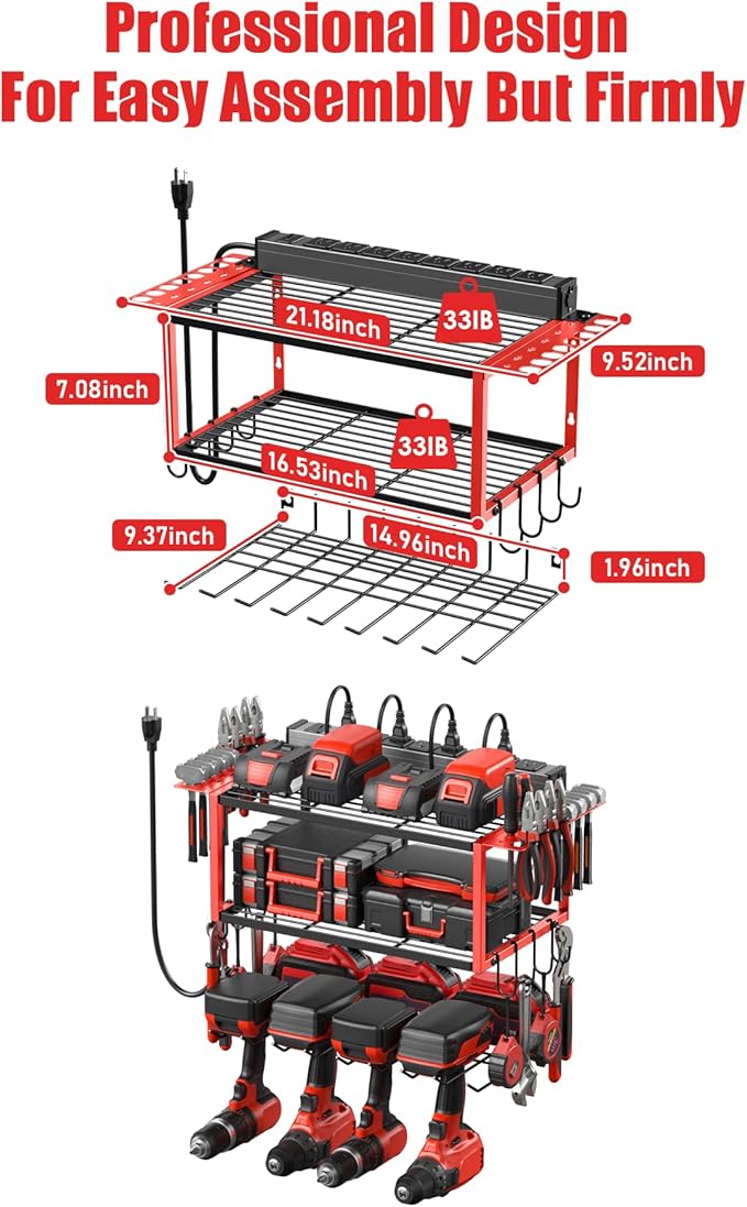 JUNNUJ Tool Organizer with Charging Station, 3 Layers Wall Mount Garage Tools Storage with 8 Outlets Power Strip, 4 Drills Holder Battery Heavy Duty Metal Shelf, Utility Rack with Hooks, Red
