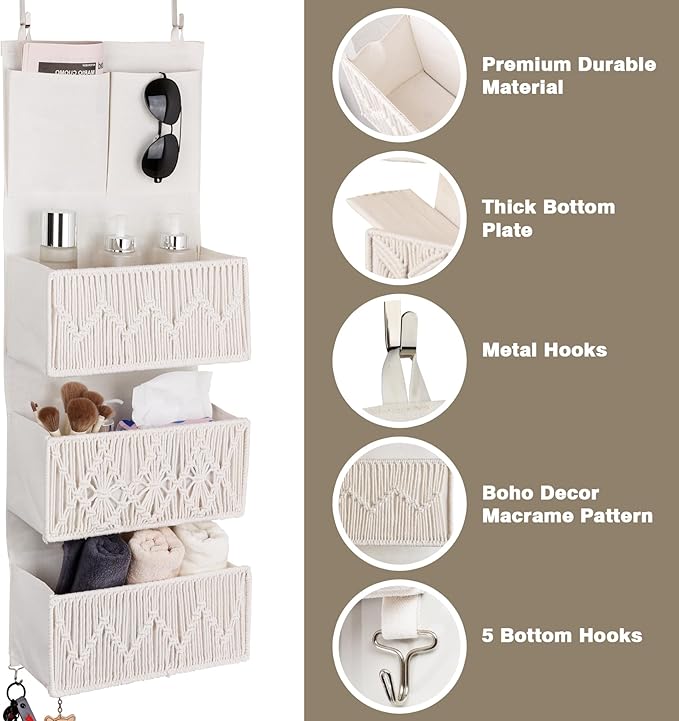 ANTIS'S HOME Over The Door Organizer Boho Bedroom Decor Nursery Storage with 3 Large Woven Pockets, Macrame Nursery Organizers and Toys Storage, Behind Door for Bathroom, Beige Back of Door Organizer-NeatNest