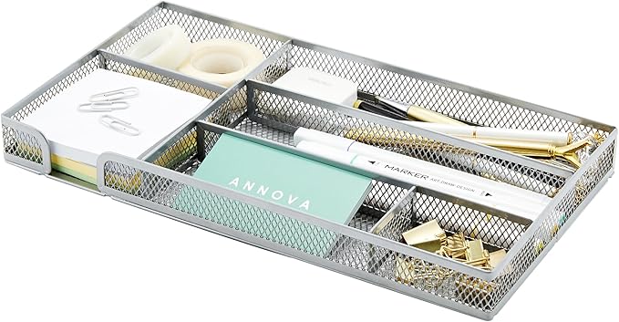 Annova Desk Drawer Organizer Tray for Office Organization - Metal Mesh - Storage Tray with Dividers for Pens, Desktop Accessories, Bathroom, Kitchen, Makeup and Office Supplies (Small, Silver)-NeatNest