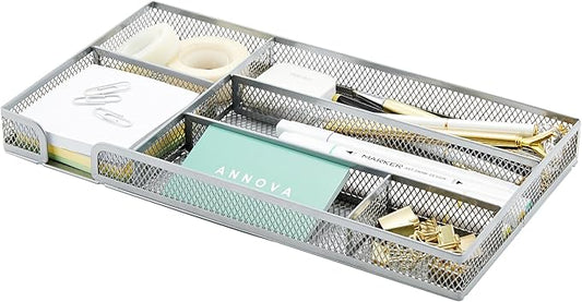 Annova Desk Drawer Organizer Tray for Office Organization - Metal Mesh - Storage Tray with Dividers for Pens, Desktop Accessories, Bathroom, Kitchen, Makeup and Office Supplies (Small, Silver)-NeatNest