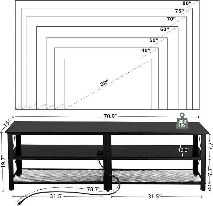 Clikuutory Modern Black 71 inch Metal TV Stand with LED Lights and Power Outlets for 50 60 65 70 75 80 Inch TVs, 3 Tier Television Stands with Entertainment Center and Storage for Living Room, Bedroom-NeatNest