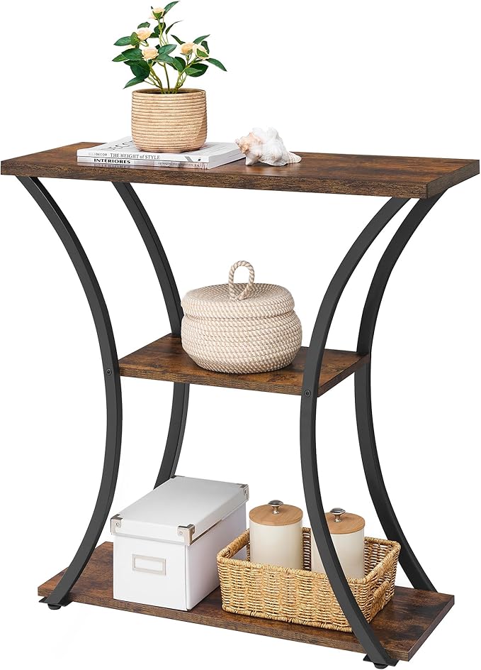 Hoctieon 3 Tier Console Table with Open Wood Shelves, Decorative Entryway Table with Curved Metal Frames, Narrow Sofa Table for Entrance, Living Room, Hallway, Rustic Brown+Black-NeatNest
