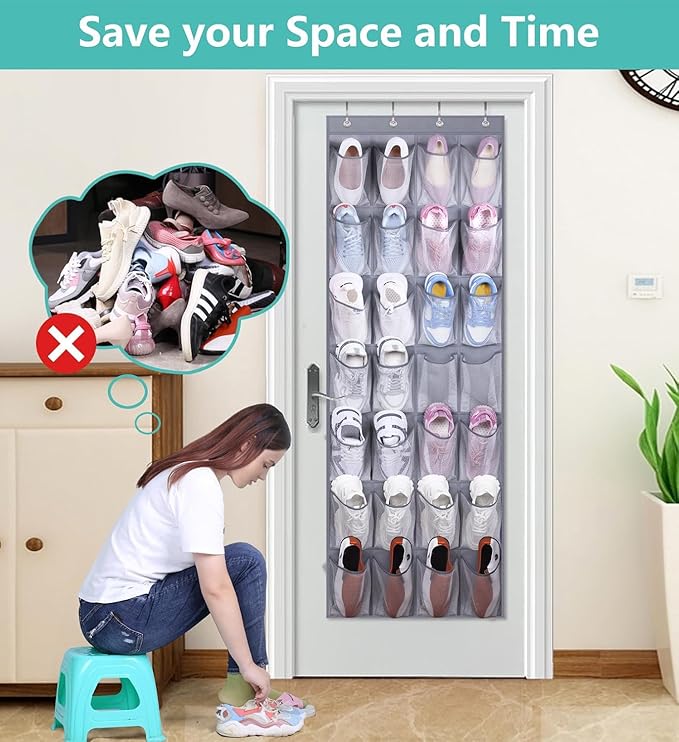 MISSLO 28 Large Pockets Hanging Shoe Rack Door Shoe Organizer Hanging Shoe Storage Hanger for Closet Mesh Holder, Grey-NeatNest