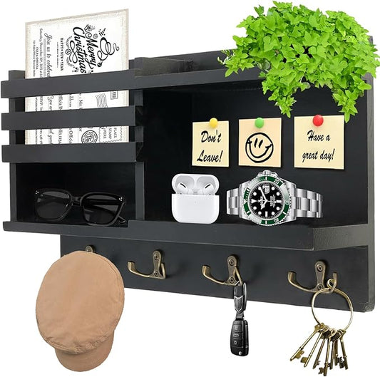 Farmhouse Wall Decor Key Holder with Mail Organizer - Solid Wood Wall Mount Key Rack (8 Hooks) | Self-Adhesive/Drill Install | Entryway Shelf for Keys, Sunglasses & Home Organization (BLACK)