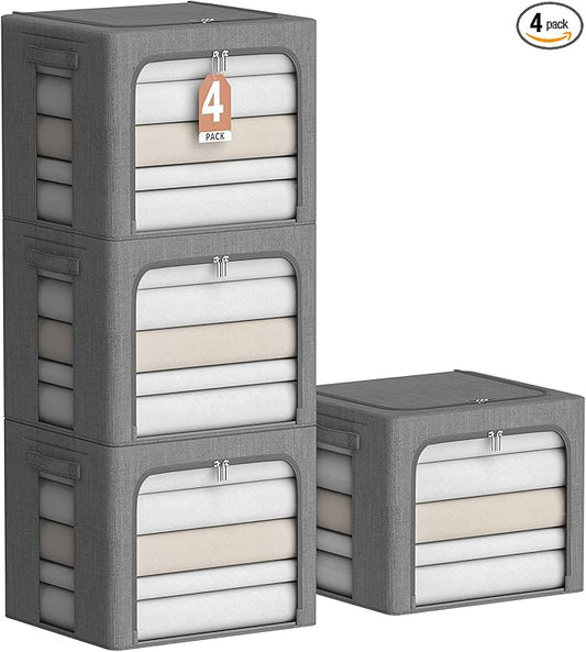 4 Pack Clothes Storage Bins with Metal Frame - Linen Fabric Foldable Stackable Container Organizer Set with Clear Window & Carry Handles & Zippers (Dark Gray, 15.7"x11.8"x11.8")-NeatNest