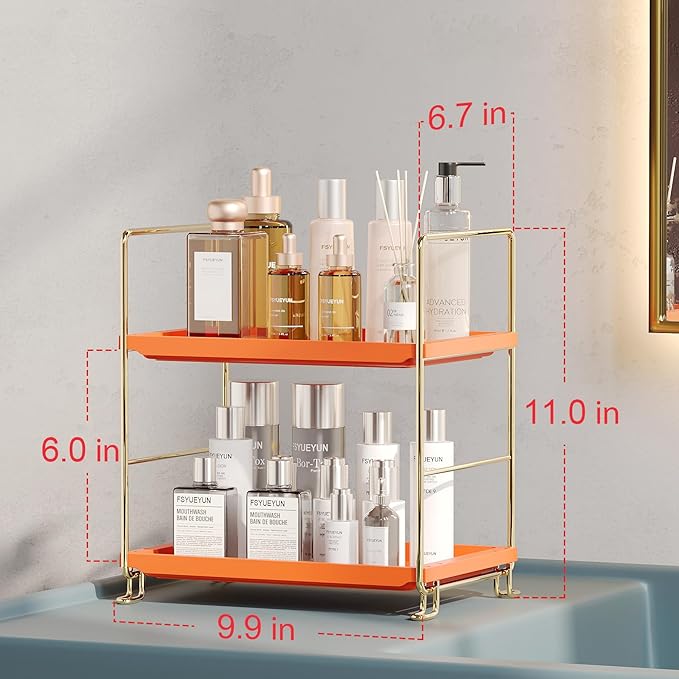 FSyueyun 2-Tier Bathroom Countertop Organizer,Bathroom Organizers and Storage with Tool-Less Installation, Premium Plastics for Makeup, Perfume, Skincare on Dresser Vanity Tray(Gold & Orange)-NeatNest