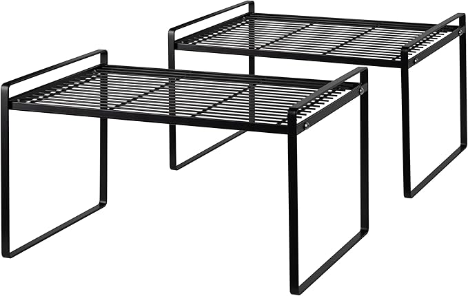 2Pack Kitchen Cabinet Shelf Counter Organizer Rack Pantry Storage Bathroom Bedroom Office Table Desk Space Saving Stackable Rust Resistant Non Slip Black Tall Wide L13.1in W10.6in H9.5in-NeatNest