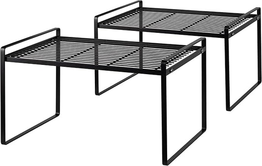 2Pack Kitchen Cabinet Shelf Counter Organizer Rack Pantry Storage Bathroom Bedroom Office Table Desk Space Saving Stackable Rust Resistant Non Slip Black Tall Wide L16.1in W10.6in H9.5in-NeatNest