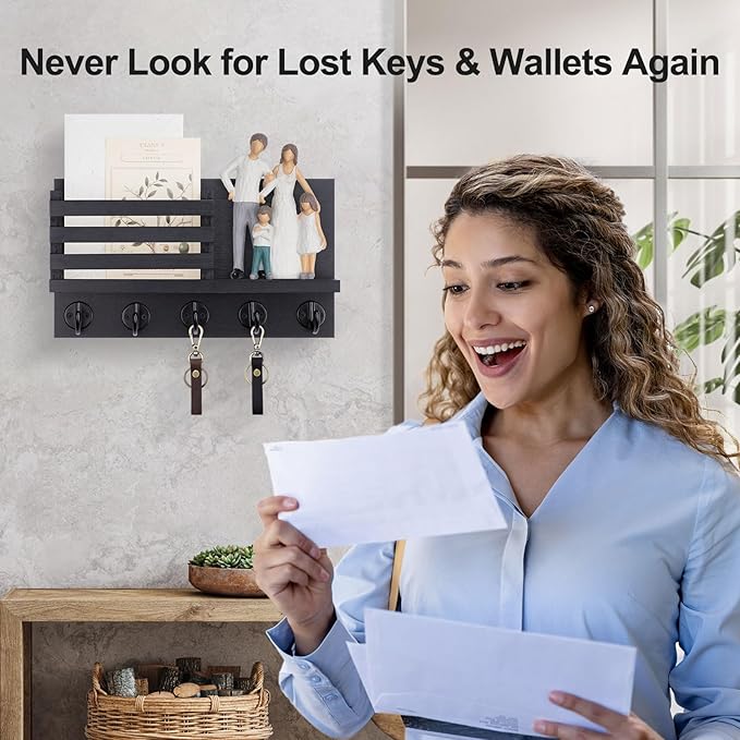 Key Holder for Wall – Decorative Wooden Mail Holder and Key Shelf with Mounting Hardware, Installation Guide – Paulownia Wood with 5 Metal Key Hooks (11.8” x 6.7” x 2.8”)