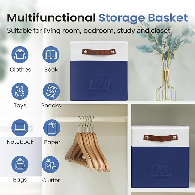 6-Pack Collapsible Fabric Storage Cubes with Handles & Label Holders, Closet Cube Home Organizer Bins (White/Navy Blue, 10.5 * 10.5 * 11 inch)