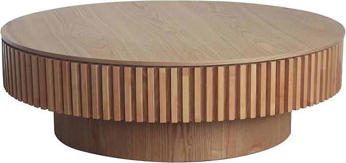kevinplus 39.37'' Round Coffee Table Modern Wood Circle Fluted Drum Pedestal Coffee Table with Storage Space for Living Room, Easy Assembly, Wood