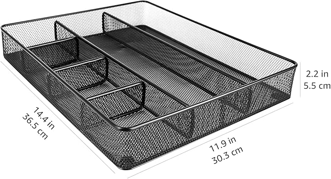 Amazon Basics Desk Drawer Organizer for Office and Home, Metal Mesh, Anti-Slip, 6 Compartments, Black-NeatNest