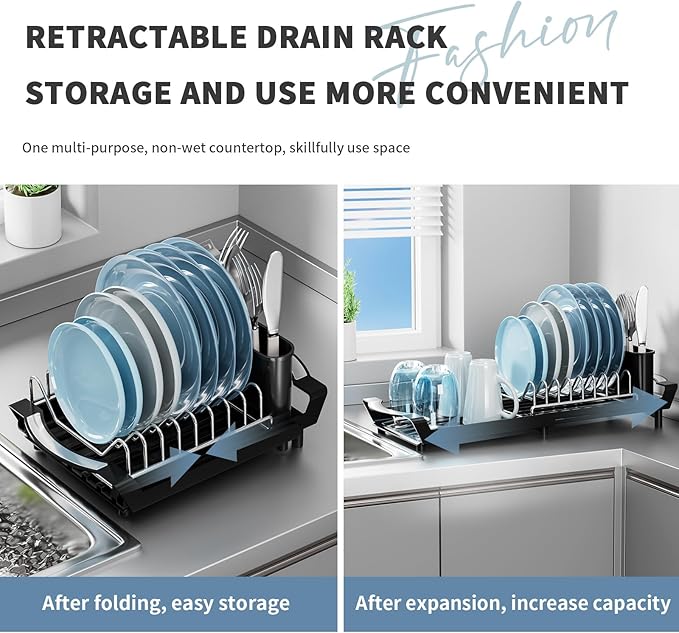 Expandable Dish Drying Rack for Sink or Countertop – Compact Stainless Steel Dish Drainer with Removable Utensil Holder, Rustproof Plate Rack for Small Kitchen Spaces, Black