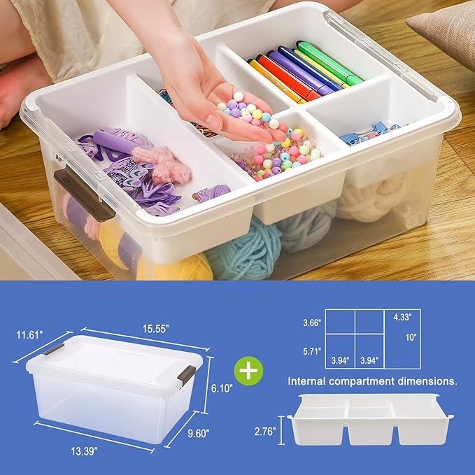 17 QT Plastic Storage Box with Removable Tray Craft Organizers and Storage Clear Storage Container for Organizing Bead, Tool, Sewing, Playdoh (White, 1Pack-17QT)