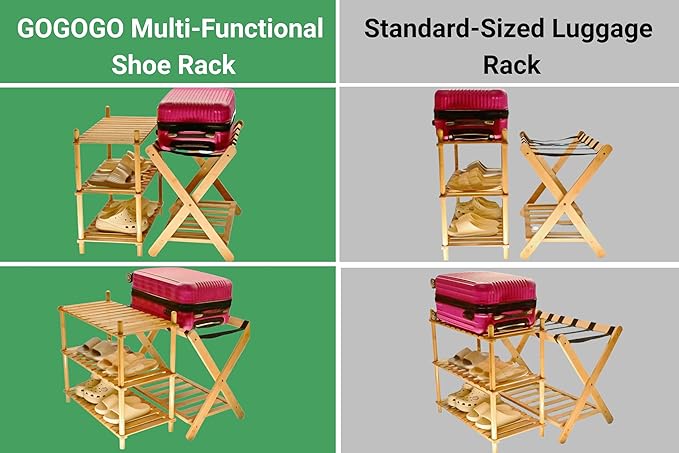 GOGOGO Bamboo Entryway Shoe Rack & Luggage Stand - 150lb Heavy Duty, 12.8” Extra-Deep Shelves, No-Tool Assembly, Modular 3-Tier Shoe Organizer(Natural, 9.0" H(3 Tier))-NeatNest