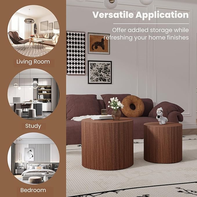 Round Nesting Coffee Table Set of 2 Modern Wood Coffee Tables Handcraft Drum Coffees Table Farmhouse Round Sofa Side Tables End Table for Living Room Small Spaces (Dark Wood)