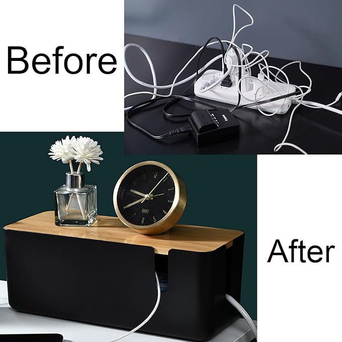 Changsuo Cable Management Box with Bamboo Lid Small Cable Organizer Box for Extension Cord Power Stripe Surge Protector Wire Management Concealer Organizer Cover Hider (Black)