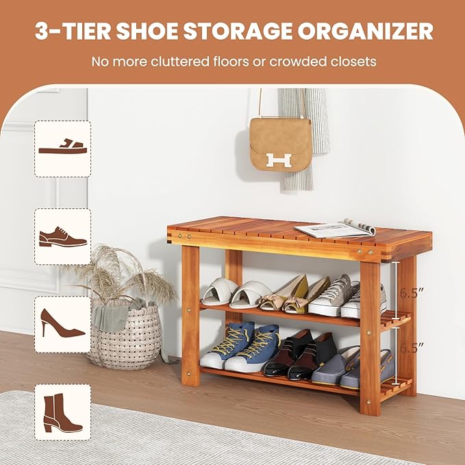 Tangkula Acacia Wood Shoe Rack Bench, 3 Tier Sturdy Storage Organizer, Holds up to 180lbs for Entryway Bedroom Living Room Balcony, Teak Color (27.5-inch)-NeatNest