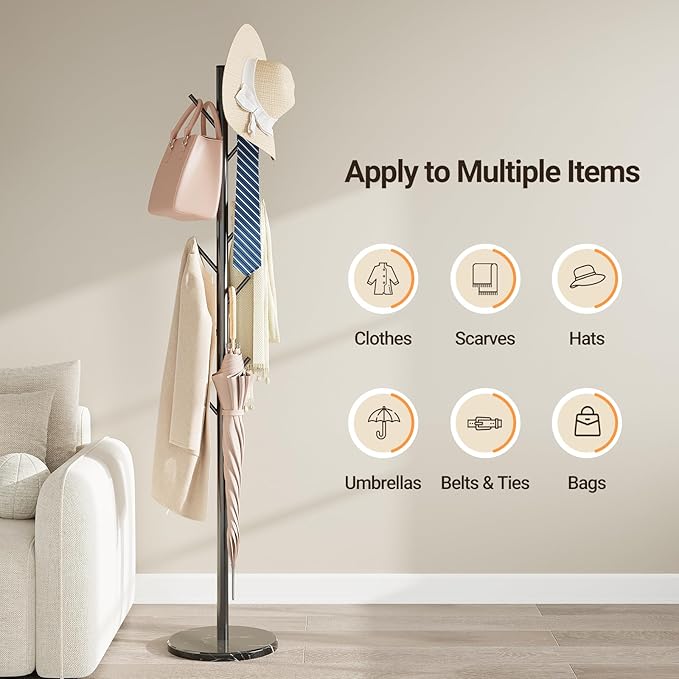 ELYKEN Coat Rack Freestanding with Natural Marble Base, Metal Coat Rack Stand with 10 Hooks, 3 Adjustable Size Coat Tree for Bags, Clothes, and Hats for Entryway, Bedroom, Hallway, Office, Black-NeatNest