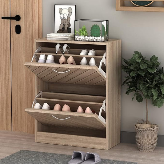Homsee Modern Shoe Storage Cabinet with 2 Flip Drawers & Twill Louver Doors, Wood 2-Tier Shoe Rack Storage Organizer for Entryway, Hallway & Bedroom, Brown (22.4”L x 9.4”W x 29.5”H)-NeatNest