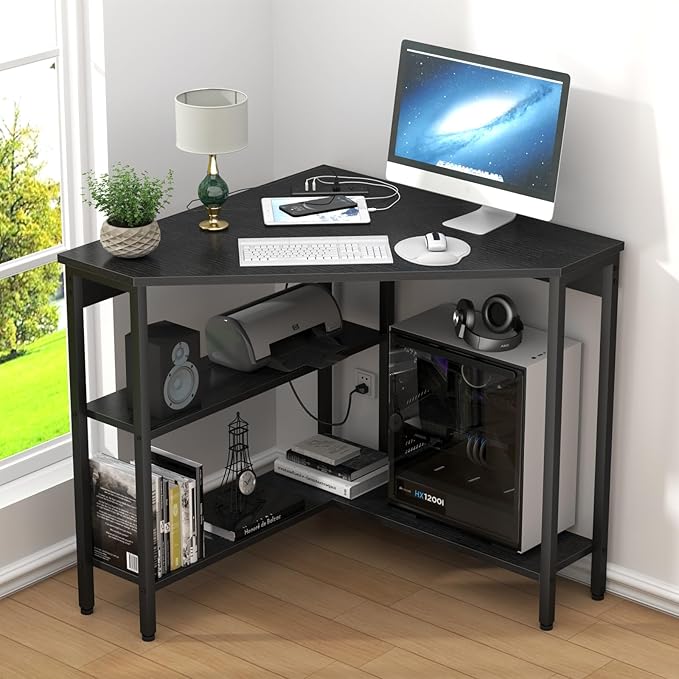 Corner Desk with Outlets & USB Ports, 90 Degree Triangle Corner Table with CPU Stand & Storage Shelves for Small Space, Computer Table with Charging Station for Home Office Bedroom (Black)-NeatNest