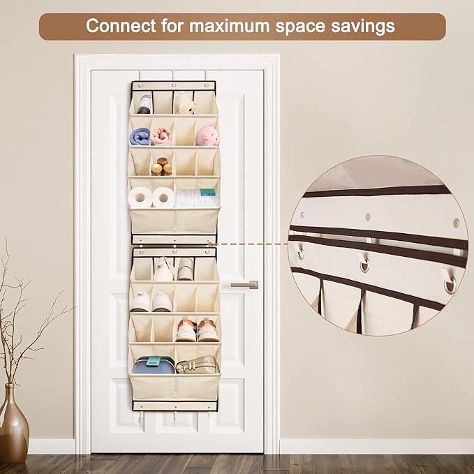 FENTEC 2 Pack Over the Door Shoe Organizer, Hanging Shoe Organizer, 28 Large Deep Pockets Door Shoe Rack with 6 Hooks Shoe Organizer for Shoes, Sneakers, and Home Accessories, Beige-NeatNest