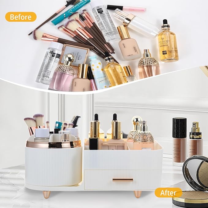 Makeup Organizer Countertop with Drawer 360 Rotating Brush Holder Storage Large Capacity Skincare Cosmetic Display Cases for Vanity Bathroom Desktop, Model 3016 White-NeatNest