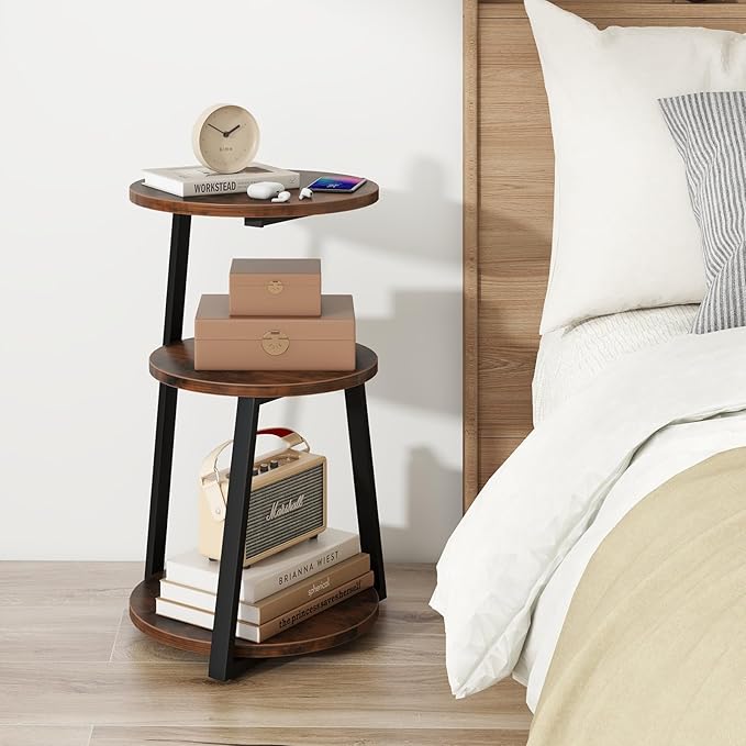Giantex Round End Table, Industrial Side Table with Sturdy Metal Frame, Coffee Table, 3-Tier Bedside Table for Bedroom, Living Room, Couch, Accent Table for Small Spaces, Rustic Brown (1)