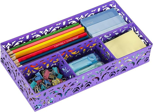 EasyPAG Desk Drawer Organizer with 4 Compartments, Carved Hollow Floral Metal Tray for Office, Jewelry, Cosmetics - No Assembly, Purple-NeatNest