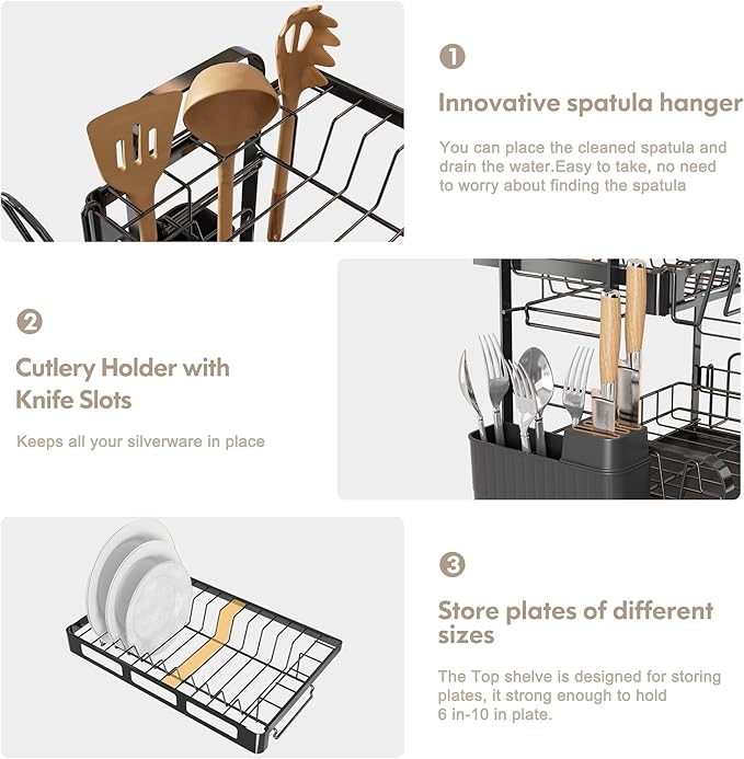 BOOSINY Dish Drying Rack, 2 Tier Large Stainless Steel Black Dish Rack for Kitchen Counter, Drying Rack with Cups Holder, Utensil Holder and Drainboard Set, Dish Strainer Shelf for Kitchen-NeatNest